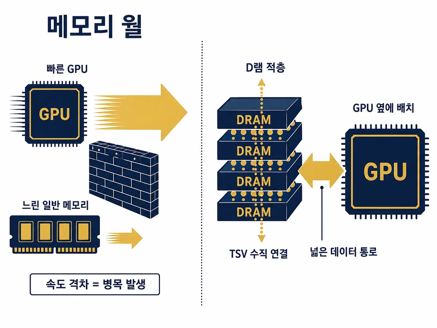 HBM이 메모리 월을 넘는 원리 HBM 구조 메모리 월 TSV 적층 다이어그램