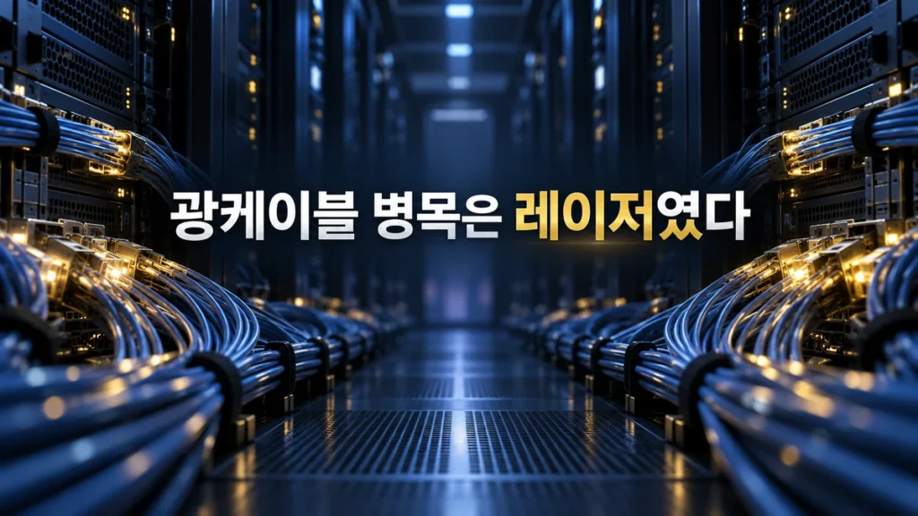 AI 데이터센터 서버랙에서 뻗어나온 광케이블과 트랜시버