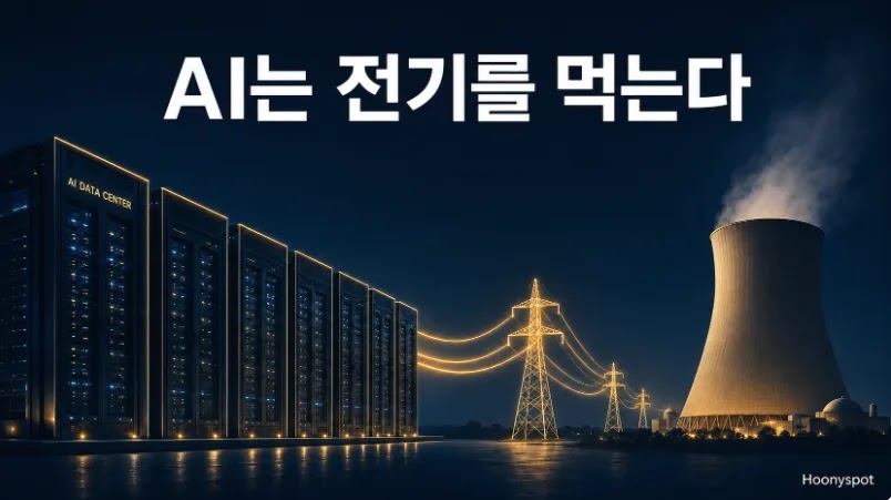 AI 전력난과 원전 르네상스 - 두산에너빌리티 시리즈 1편 AI 데이터센터 캠퍼스와 원자로를 전력선으로 연결한 산업 구조 일러스트 - AI 전력난과 원전 르네상스