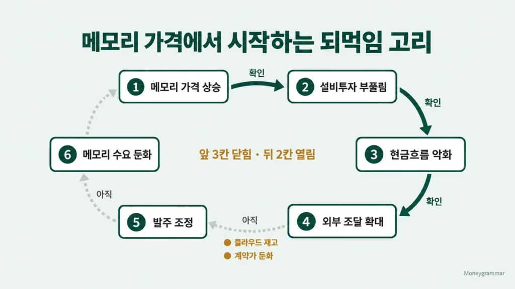 메모리 가격 상승에서 설비투자·현금흐름·외부 조달·발주 조정·메모리 수요 둔화로 이어지는 되먹임 고리, 앞 3칸 확인·뒤 2칸 미작동