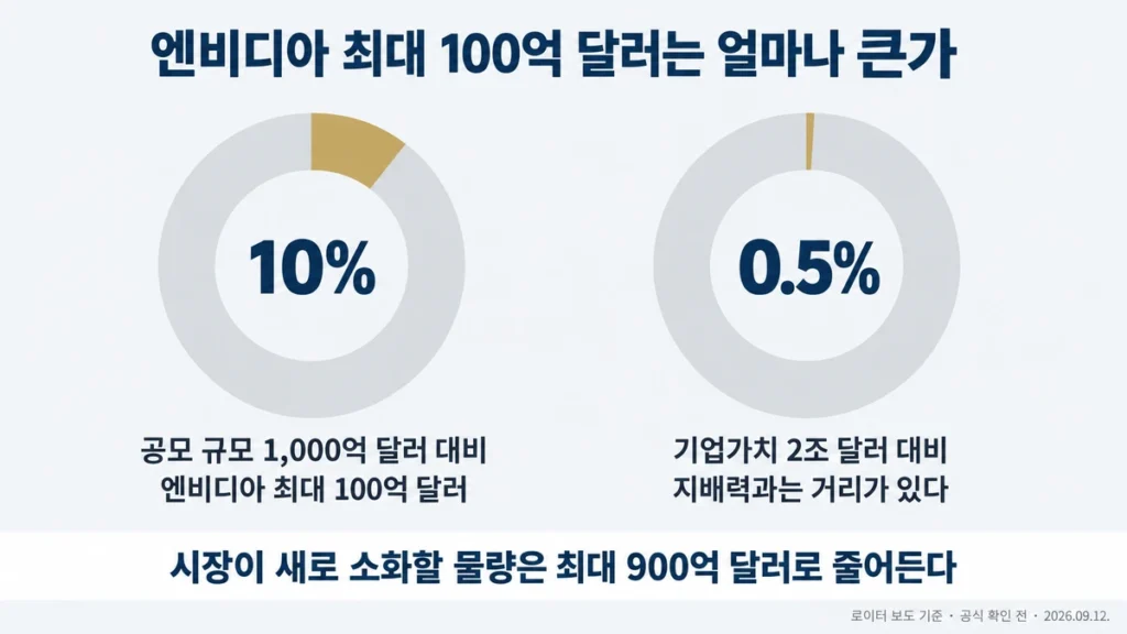 엔비디아 최대 100억 달러가 공모 규모 대비 10퍼센트, 기업가치 대비 0.5퍼센트임을 나타낸 도넛 차트