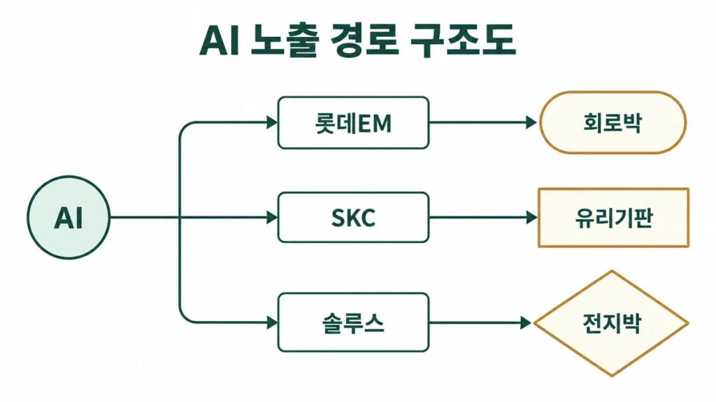 롯데EM은 회로박, SKC는 유리기판, 솔루스는 전지박으로 이어지는 AI 노출 경로 구조도
