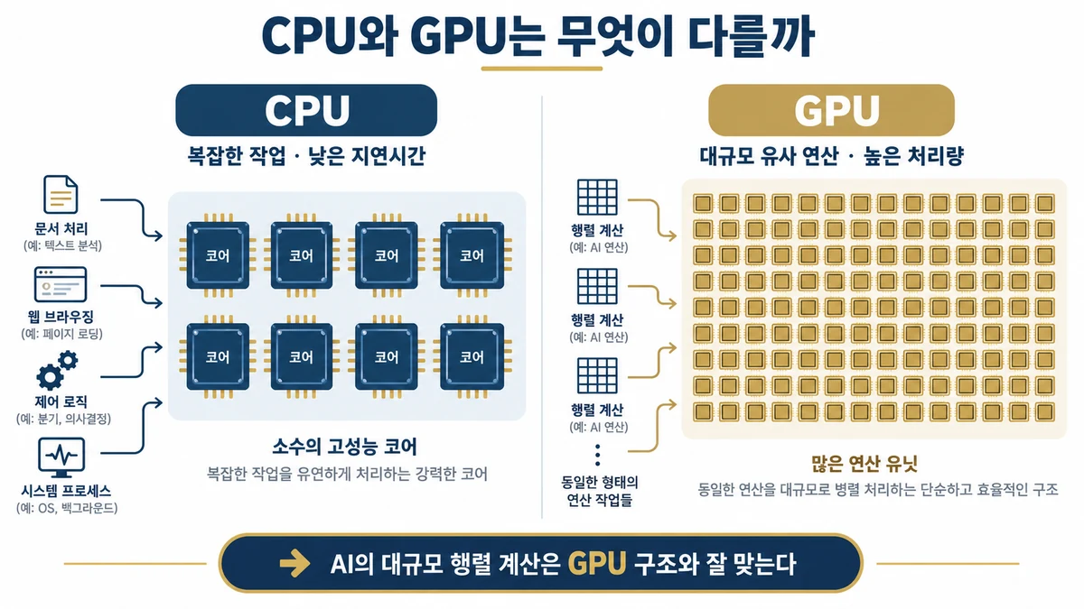 CPU의 소수 고성능 코어와 GPU의 대규모 병렬 연산 구조를 비교한 인포그래픽