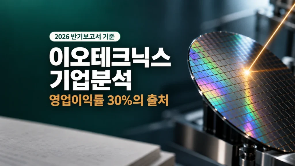 레이저 빔이 지나가는 실리콘 웨이퍼 위에 이오테크닉스 기업분석, 영업이익률 30%의 출처라고 적힌 썸네일