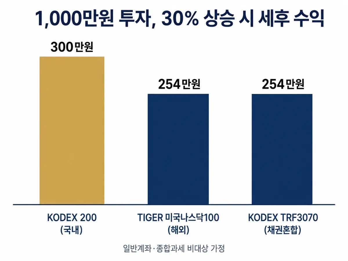 ETF 분류별 1,000만원 투자 세후 수익 비교 ETF 1000만원 투자 30% 상승 시 국내주식형 해외형 채권혼합형 세후 수익 비교 막대그래프