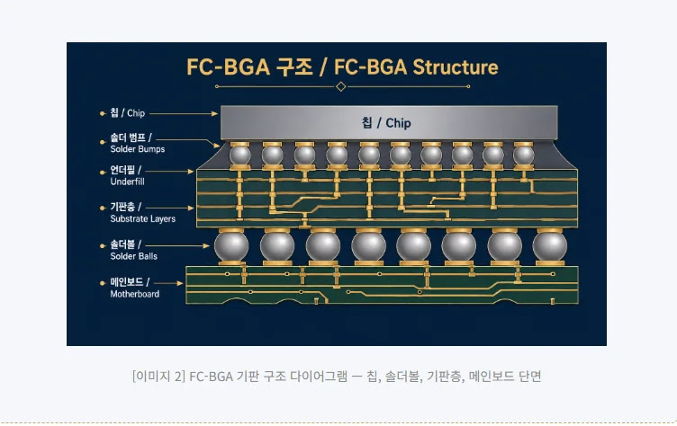FC-BGA 구조 다이어그램 - 칩, 솔더 범프, 언더필, 기판층, 솔더볼, 메인보드 단면도
