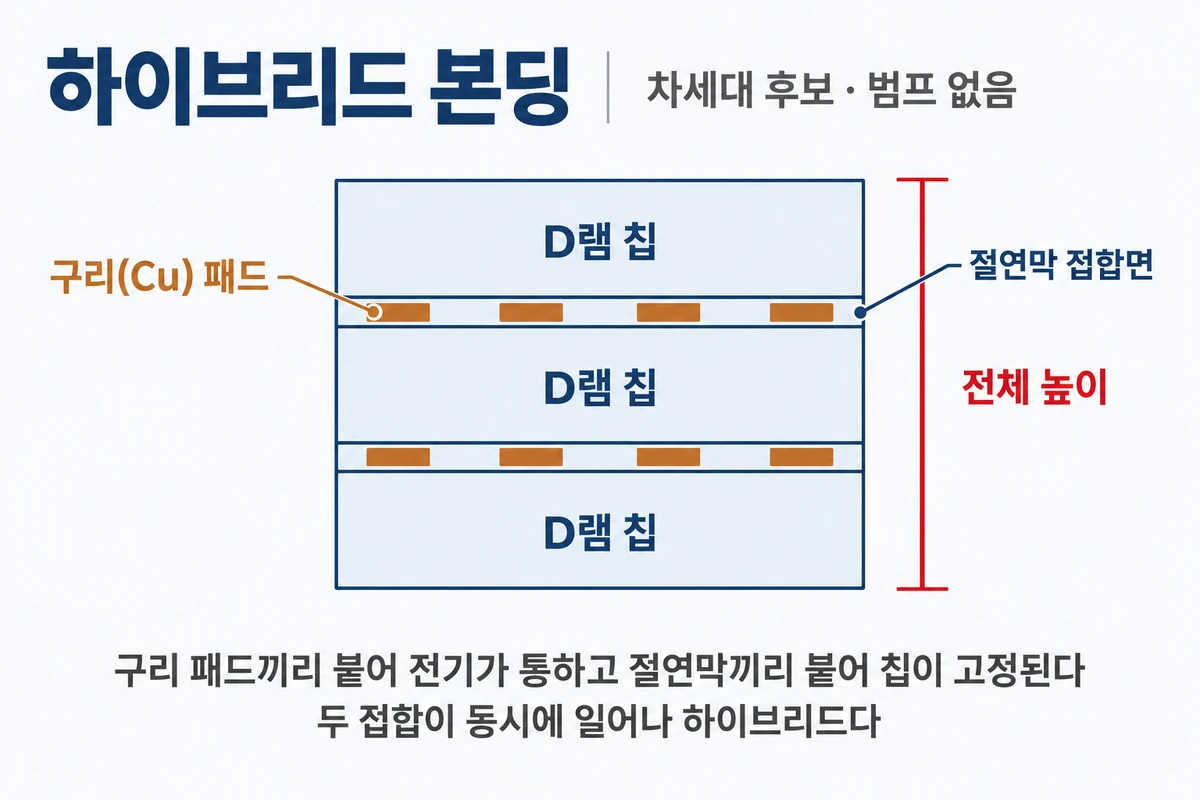 하이브리드 본딩 구조도, 범프 없이 구리 패드와 절연막을 이용해 칩을 직접 접합하는 구조
