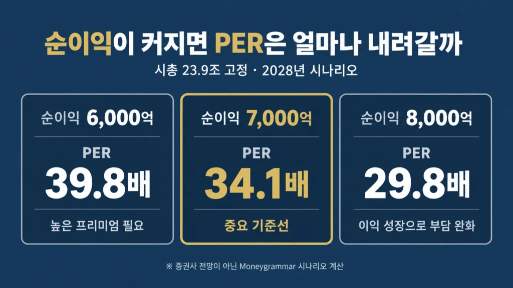 2028년 순이익 6천억 7천억 8천억원 가정별 한미반도체 PER 비교