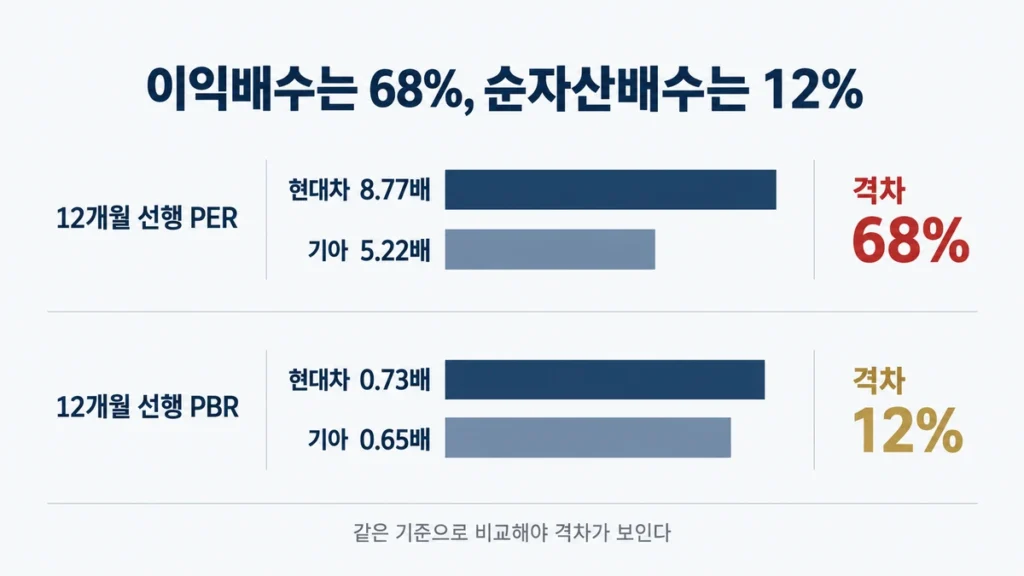 12개월 선행 기준으로 현대차와 기아의 PER 격차는 68%, PBR 격차는 12%임을 막대로 비교한 인포그래픽.