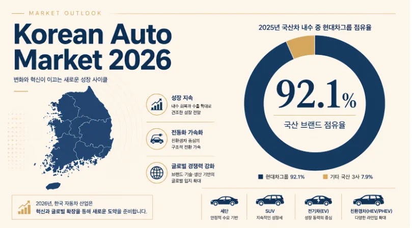 2026년 국내 완성차 시장 점유율 및 현대차 기아 글로벌 영업이익 비교 인포그래픽