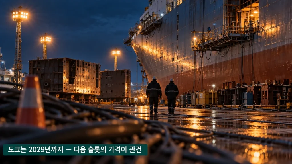 야간 조선소 안벽에서 선체 블록 옆을 지나는 작업자 뒷모습