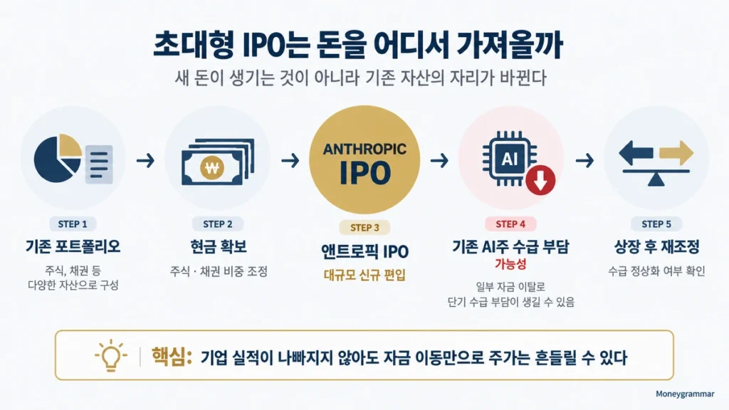 기관투자가가 신규 IPO 참여를 위해 기존 보유 주식을 매도하는 자금 이동 흐름도