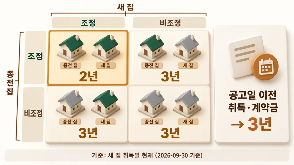 종전 집과 새 집의 조정대상지역 조합 네 가지와 특례기간을 나타낸 매트릭스