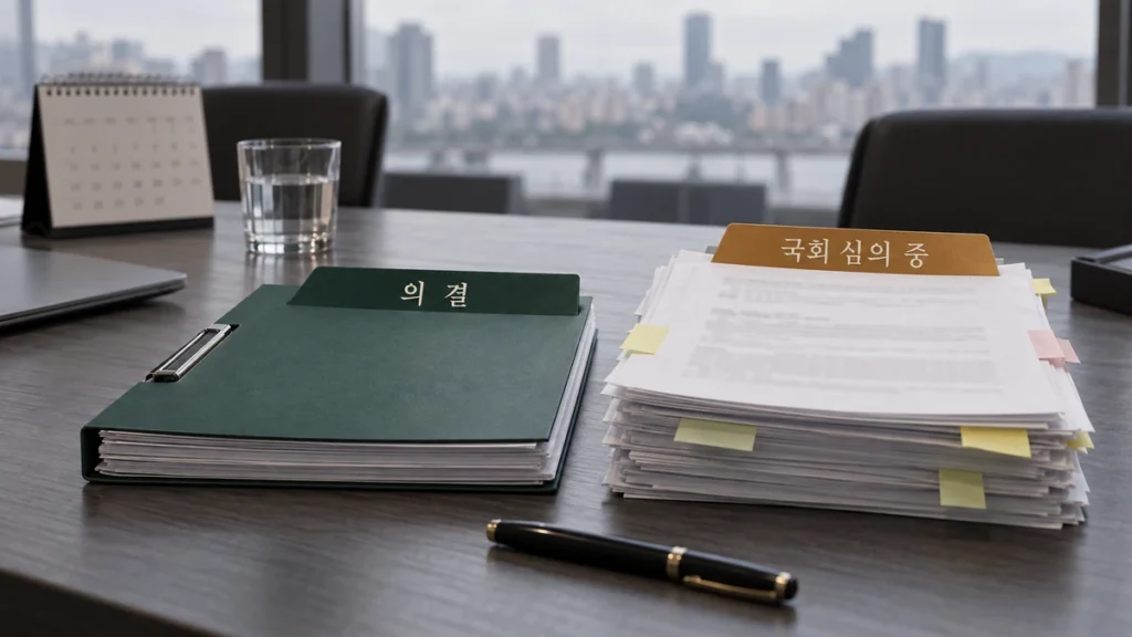 의결된 시행령 서류와 국회 심의 중인 서류를 나란히 놓은 회의실 사진