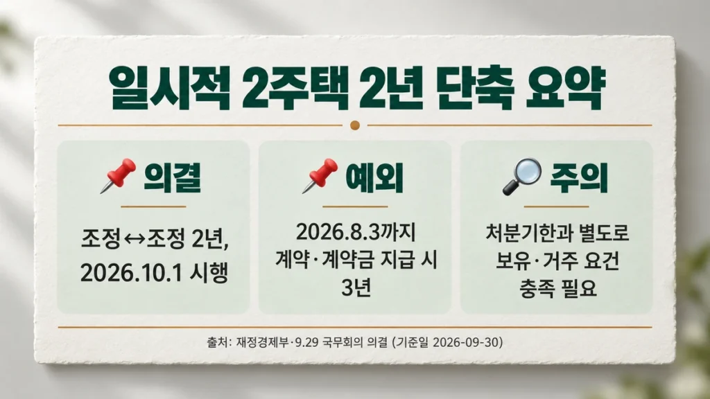 일시적 2주택 2년 단축의 의결 내용, 예외, 주의점을 정리한 요약 카드