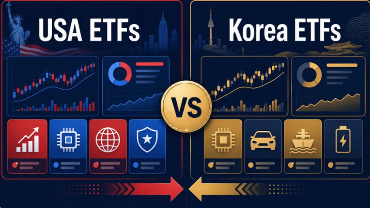 미국 직투 ETF JEPI SCHD와 한국 상장 ETF TIGER KODEX 비교 인포그래픽 — 거래 통화 세금 ISA 편입 여부 차이
