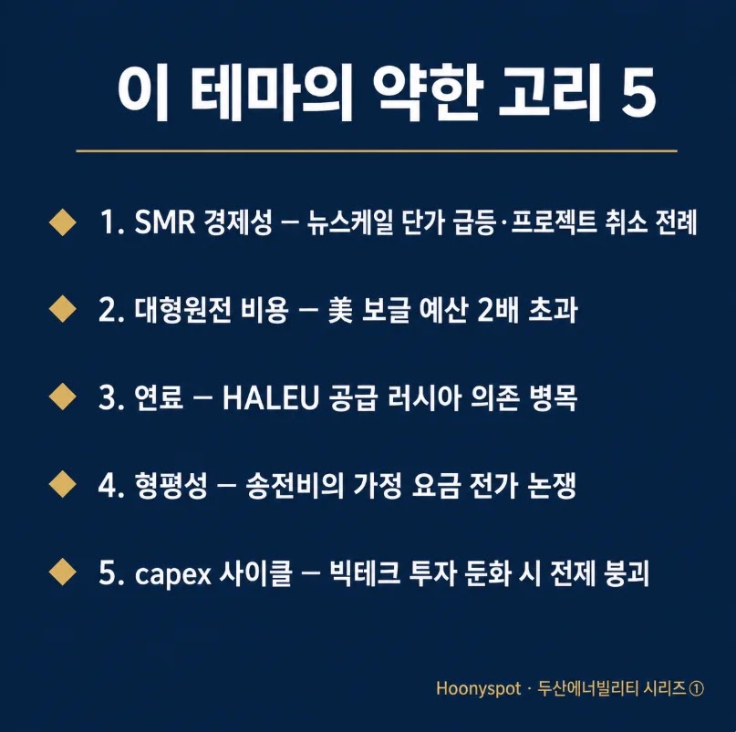 이 테마의 약한 고리 5 - 두산에너빌리티 시리즈 1편 원전 르네상스 테마 리스크 5가지 요약 카드 - SMR 경제성, 대형원전 비용, 연료, 형평성, capex 사이클