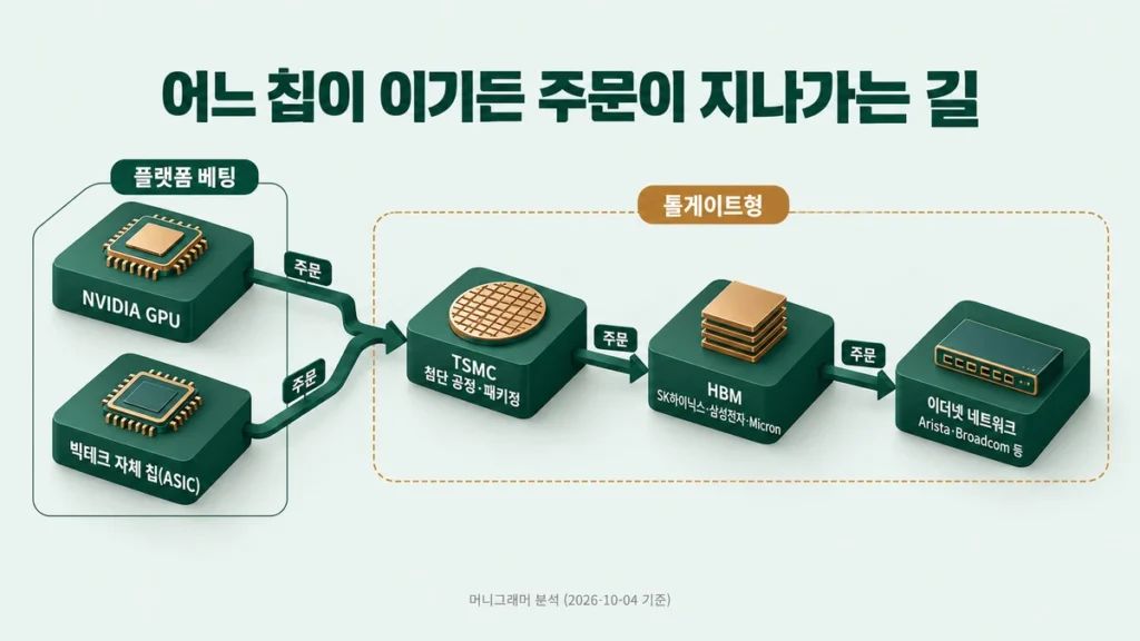 NVIDIA GPU와 빅테크 자체 칩의 주문이 TSMC 공정, HBM, 이더넷 네트워크로 이어지는 흐름도