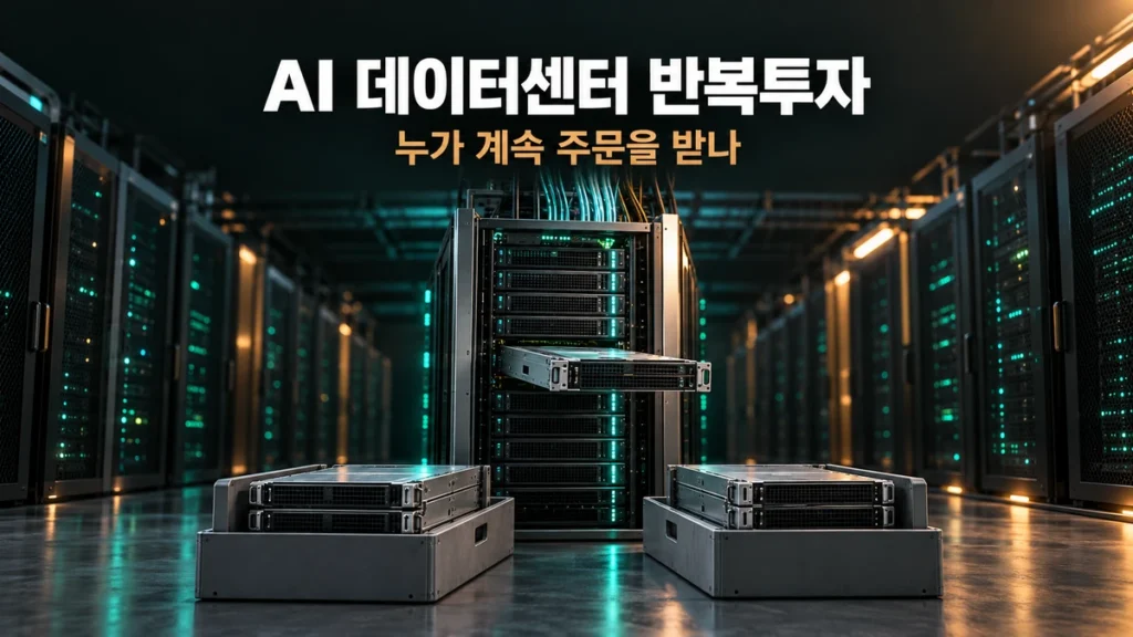 어두운 데이터센터 서버 랙에서 연산 트레이가 교체되는 장면과 'AI 데이터센터 반복투자' 문구