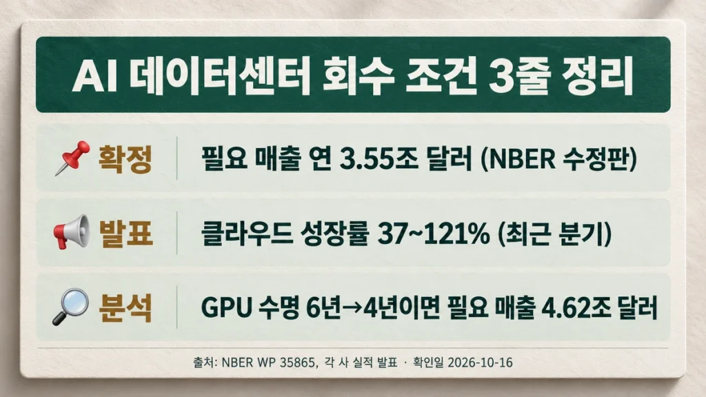 필요 매출 3.55조 달러, 클라우드 성장률, GPU 수명 민감도를 확정·발표·분석으로 나눈 요약카드