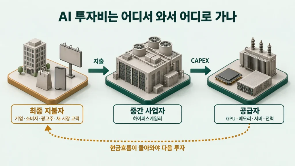 최종 지불자에서 하이퍼스케일러, 공급자로 이어지는 AI 투자비 흐름과 현금흐름 회수 경로 다이어그램