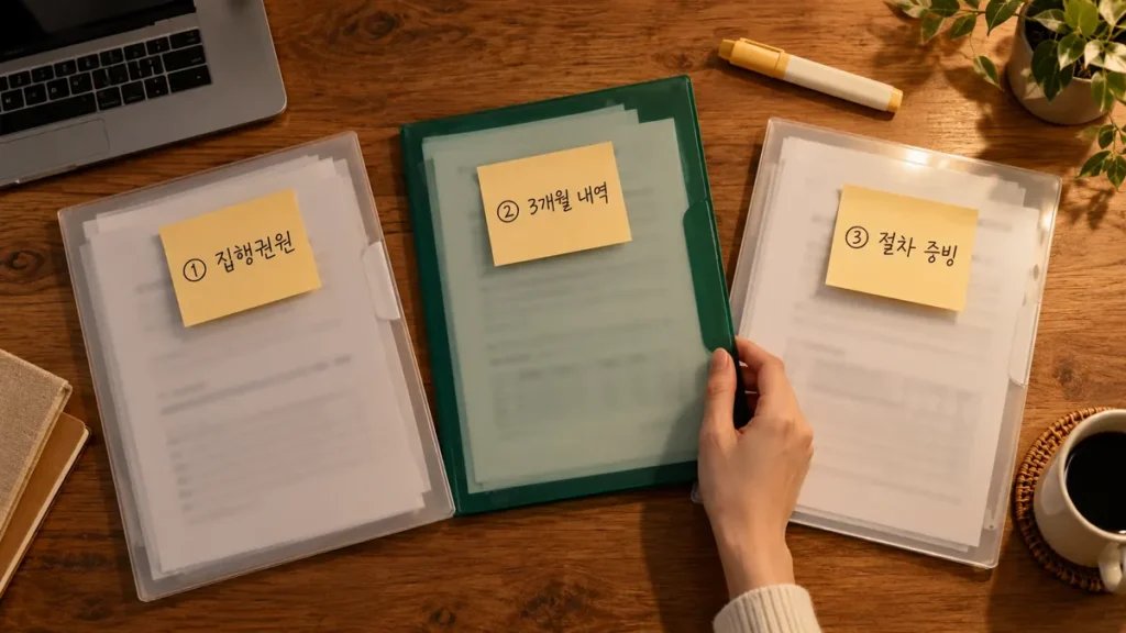 집행권원, 3개월 양육비 내역, 절차 증빙 서류를 클리어파일로 정리하는 식탁 위 모습