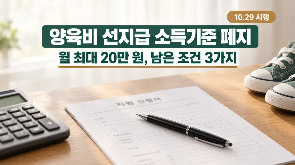 책상 위 신청서와 계산기 사진에 양육비 선지급 소득기준 폐지, 월 최대 20만 원과 10월 29일 시행 문구