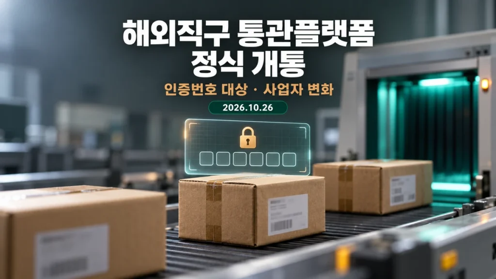 해외직구 통관플랫폼 정식 개통을 표현한 세관 검색기 위 택배 상자와 인증번호 입력 레이어