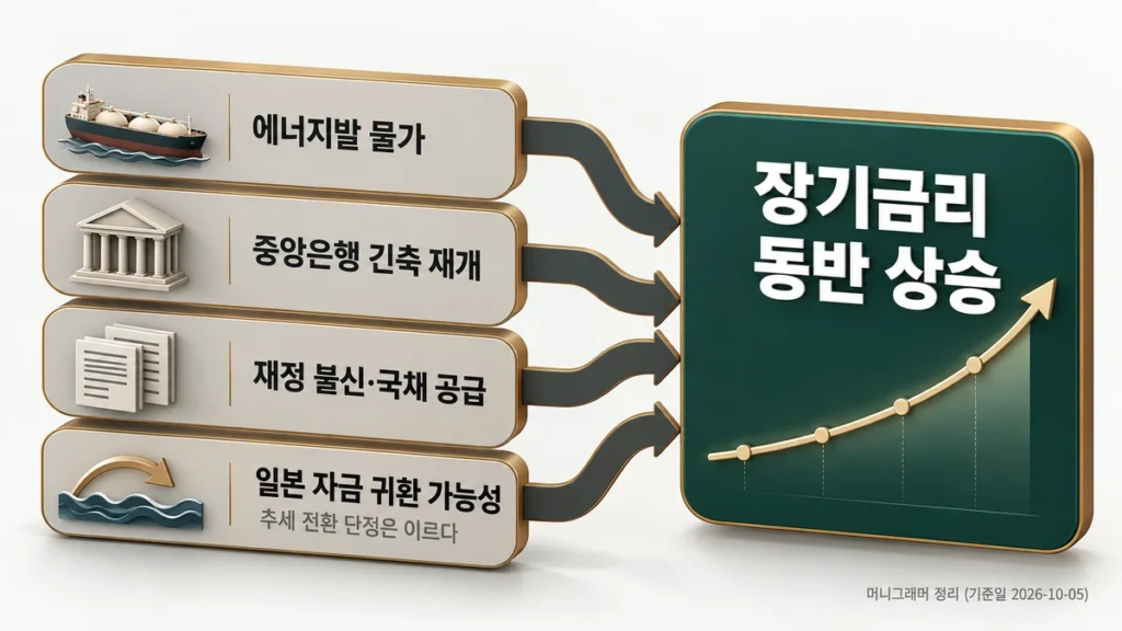 에너지발 물가, 중앙은행 긴축, 재정 불신, 일본 자금 귀환이 장기금리 상승으로 이어지는 구조도