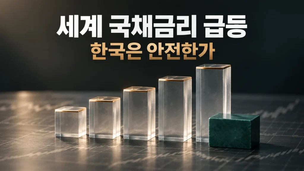 계단처럼 높아지는 유리 블록 앞에 낮게 놓인 딥그린 블록과 '세계 국채금리 급등, 한국은 안전한가' 문구
