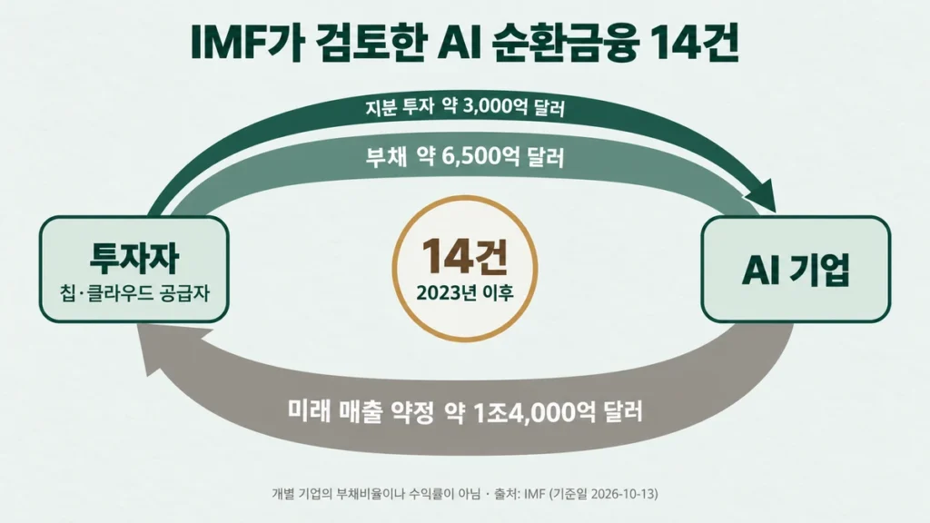 IMF가 검토한 AI 순환금융 14건 구조도 — 투자자가 AI 기업에 지분 약 3,000억 달러와 부채 약 6,500억 달러를 넣고 미래 매출 약정 약 1조4,000억 달러를 받는 순환 흐름
