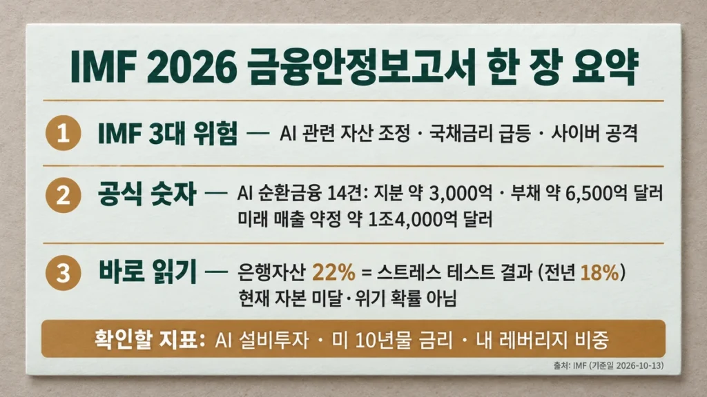 IMF 3대 위험, 순환금융 14건 숫자, 은행자산 22% 스트레스 테스트의 의미를 3단으로 정리한 요약 카드