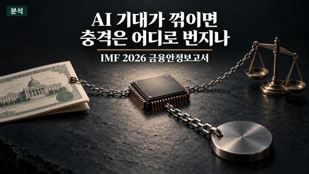 반도체 칩에서 뻗은 금속 체인이 증서와 저울, 금속 추에 연결된 장면 위에 "AI 기대가 꺾이면 충격은 어디로 번지나" 문구가 적힌 IMF 2026 금융안정보고서 대표 이미지