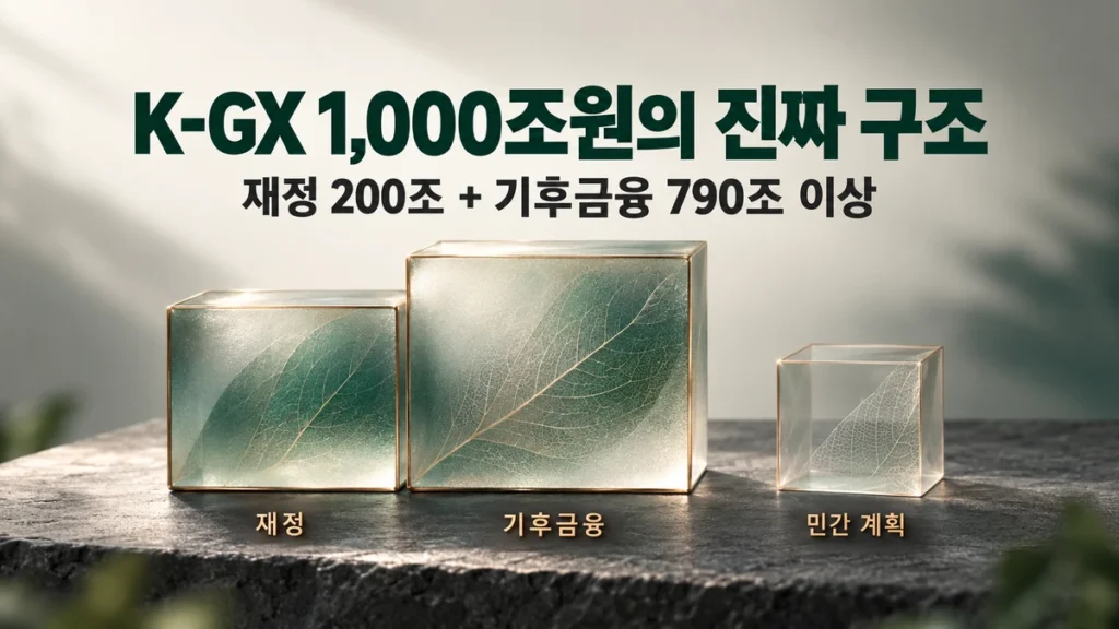 K-GX 1,000조원을 재정·기후금융·민간 계획 세 덩어리로 표현한 대표 이미지