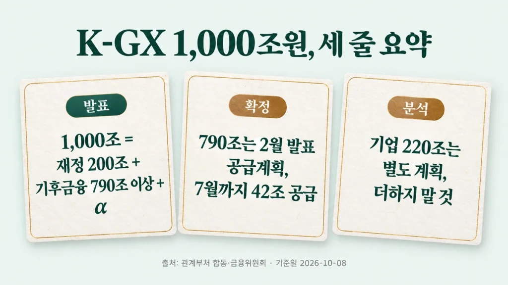 K-GX 1,000조원의 재원 구조를 세 줄로 정리한 요약카드