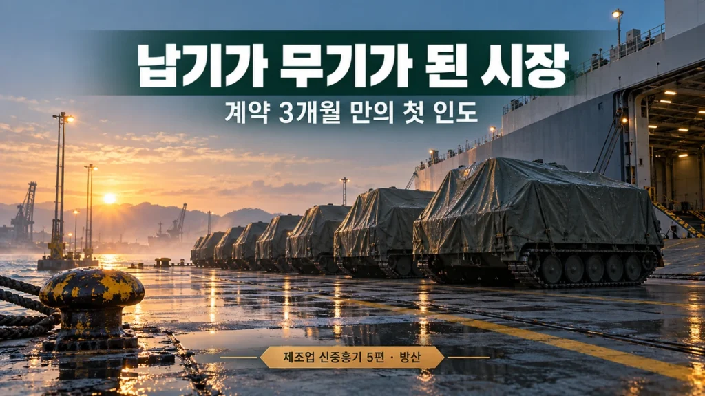 새벽 항구 부두에 방수포를 덮고 줄지어 선 궤도형 장갑차량과 "납기가 무기가 된 시장" 문구