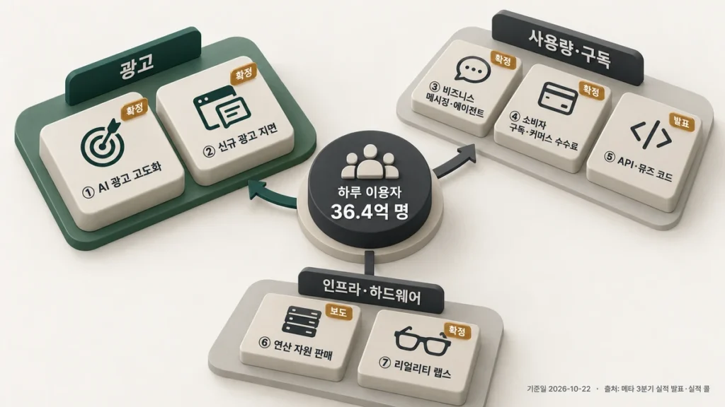 하루 이용자 36억 4천만 명을 중심으로 광고, 사용량·구독, 인프라·하드웨어 세 그룹으로 나뉜 메타 수익원 7가지 다이어그램