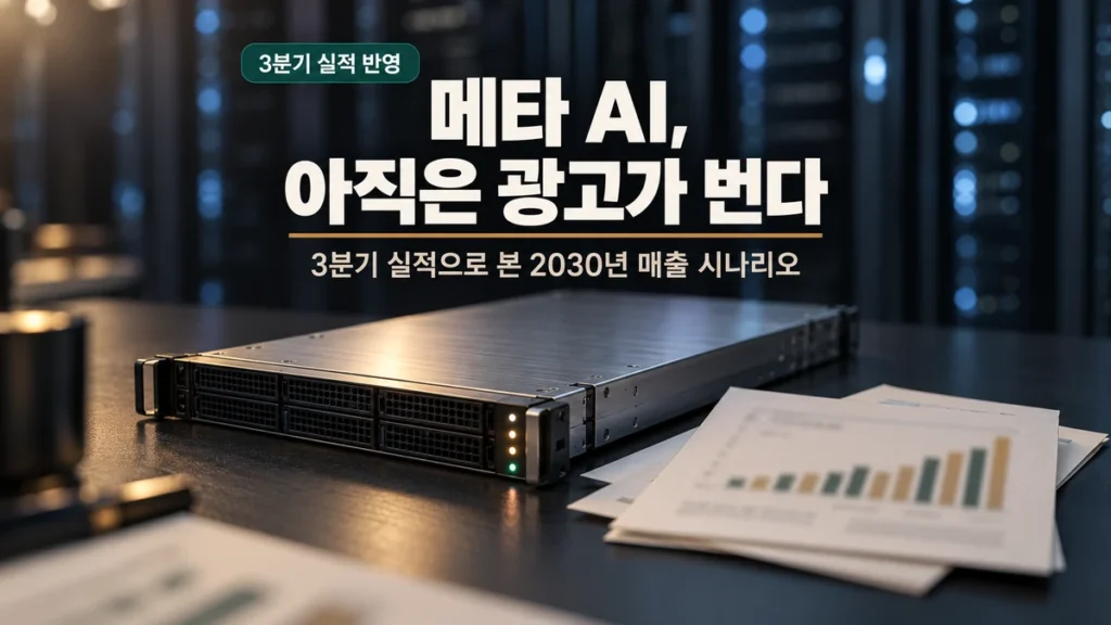 어두운 책상 위 서버 블레이드와 실적 보고서, 메타 AI는 아직 광고가 번다는 문구가 적힌 썸네일