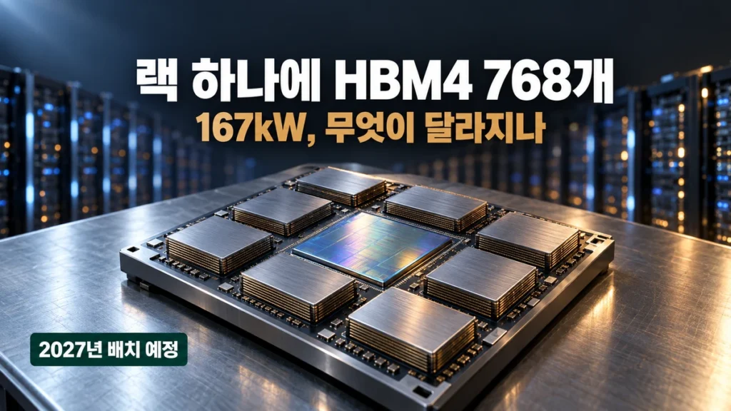 메모리 스택 8개가 둘러싼 AI 가속기 칩과 랙 하나에 HBM4 768개가 들어간다는 문구