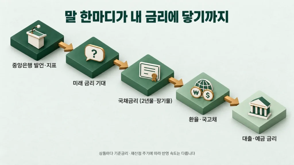 중앙은행 발언이 미래 금리 기대, 국채금리, 환율·국고채를 거쳐 대출·예금 금리로 이어지는 흐름도