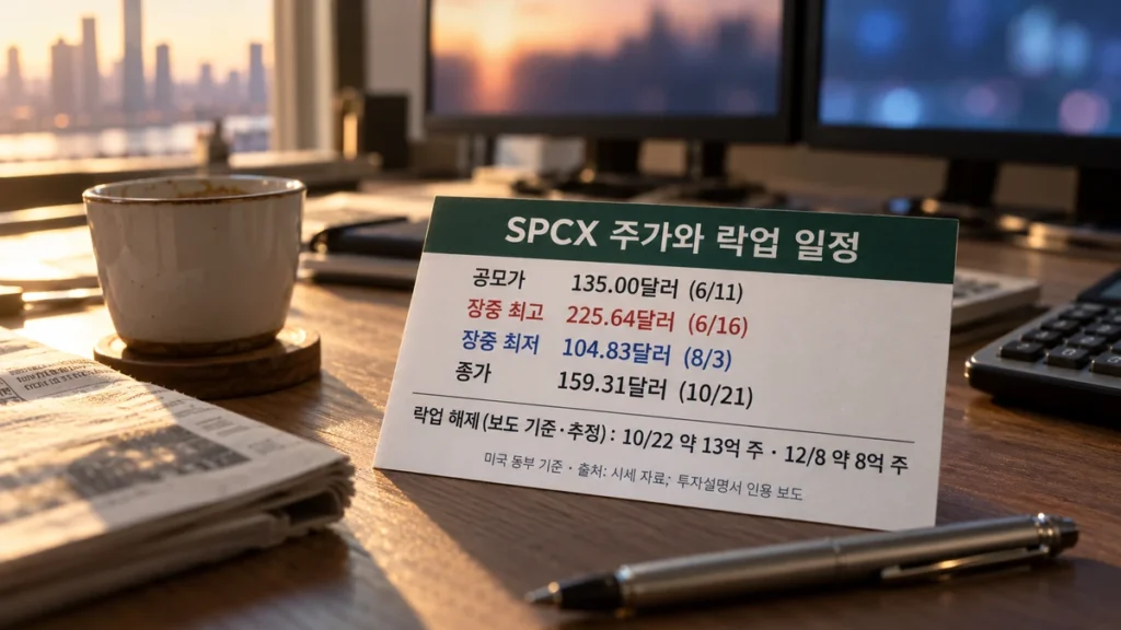 스페이스X 공모가 135달러부터 10월 21일 종가 159.31달러까지 주가 경로와 락업 해제 일정