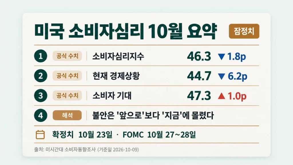 미국 소비자심리 10월 잠정치 핵심 수치와 확정치·FOMC 일정 요약 카드