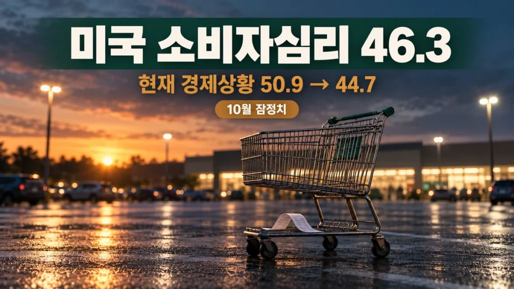 해 질 무렵 주차장에 놓인 빈 쇼핑카트와 미국 소비자심리 46.3 문구