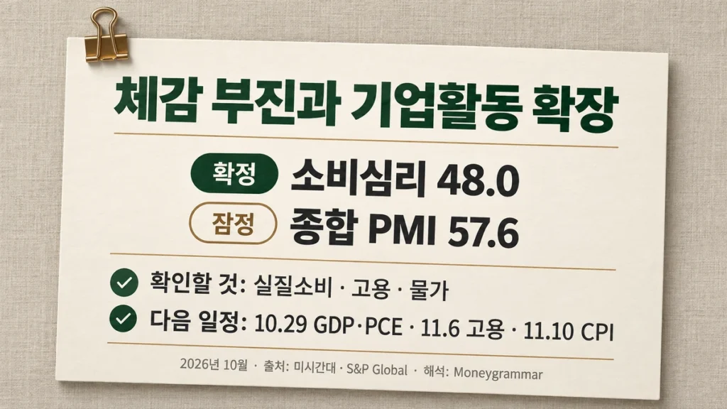 소비심리 48.0 확정, 종합 PMI 57.6 잠정, 실질소비·고용·물가 확인 조건과 다음 발표 일정을 정리한 카드